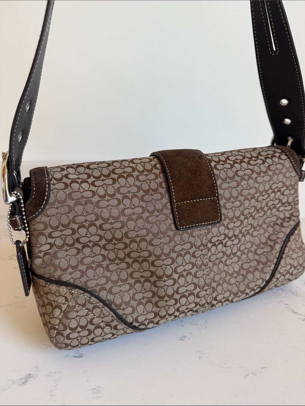Vintage Coach Monogram Canvas With Brown Suede Soho Flap Signature Shoulder Bag - Picture 7 of 15